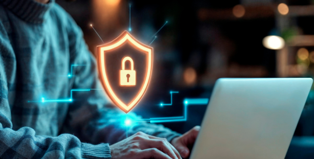 Ilustração de segurança digital nas empresas com escudo e cadeado sobre notebook, representando proteção de dados e prevenção contra ataques cibernéticos.