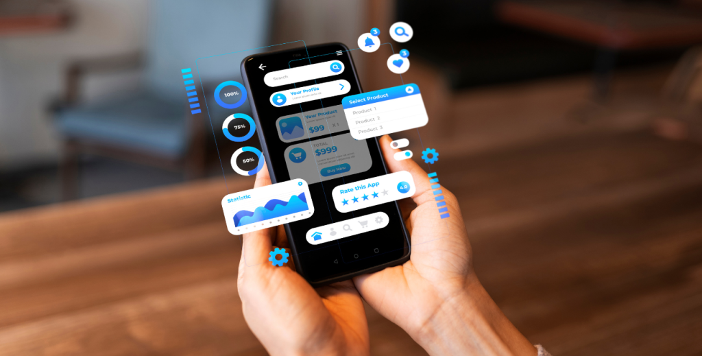 Gerenciador de aplicativos em smartphone corporativo com interface de controle, monitoramento de dados e gestão de apps