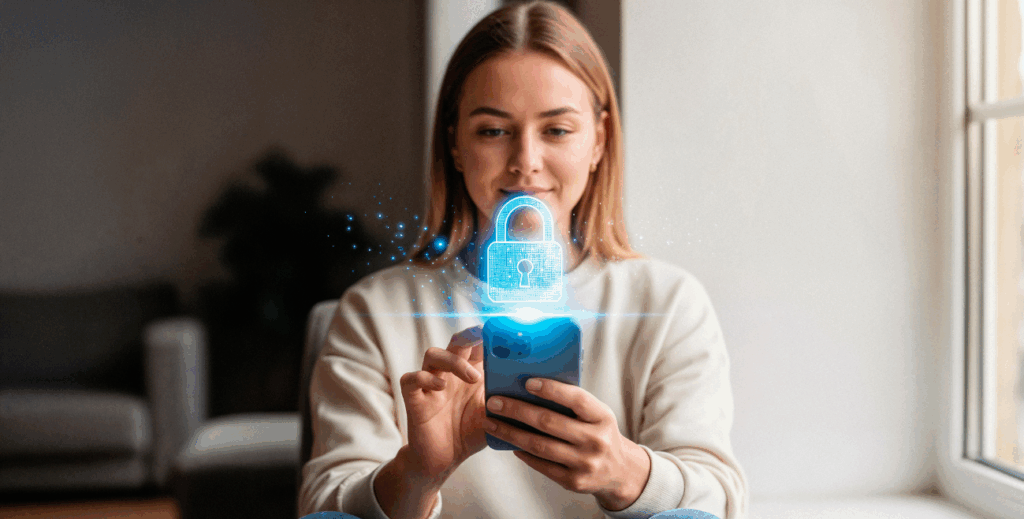 Mulher usando smartphone com ícone digital de cadeado representando segurança móvel e proteção de dados empresariais