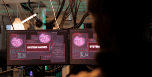 Dois monitores exibindo alerta de sistema hackeado, representando ameaças cibernéticas que podem ser prevenidas com o uso de MDM.