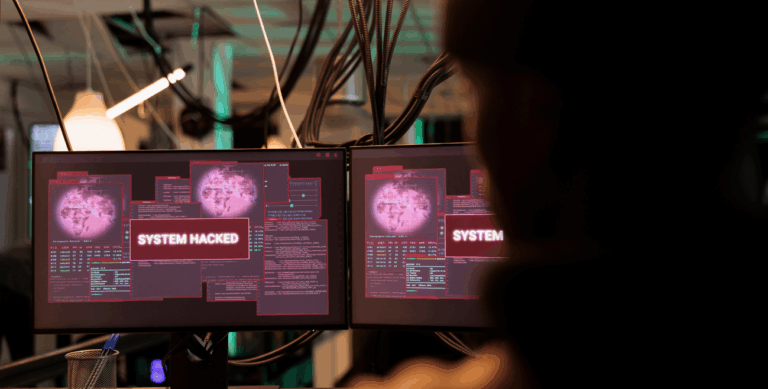 Dois monitores exibindo alerta de sistema hackeado, representando ameaças cibernéticas que podem ser prevenidas com o uso de MDM.