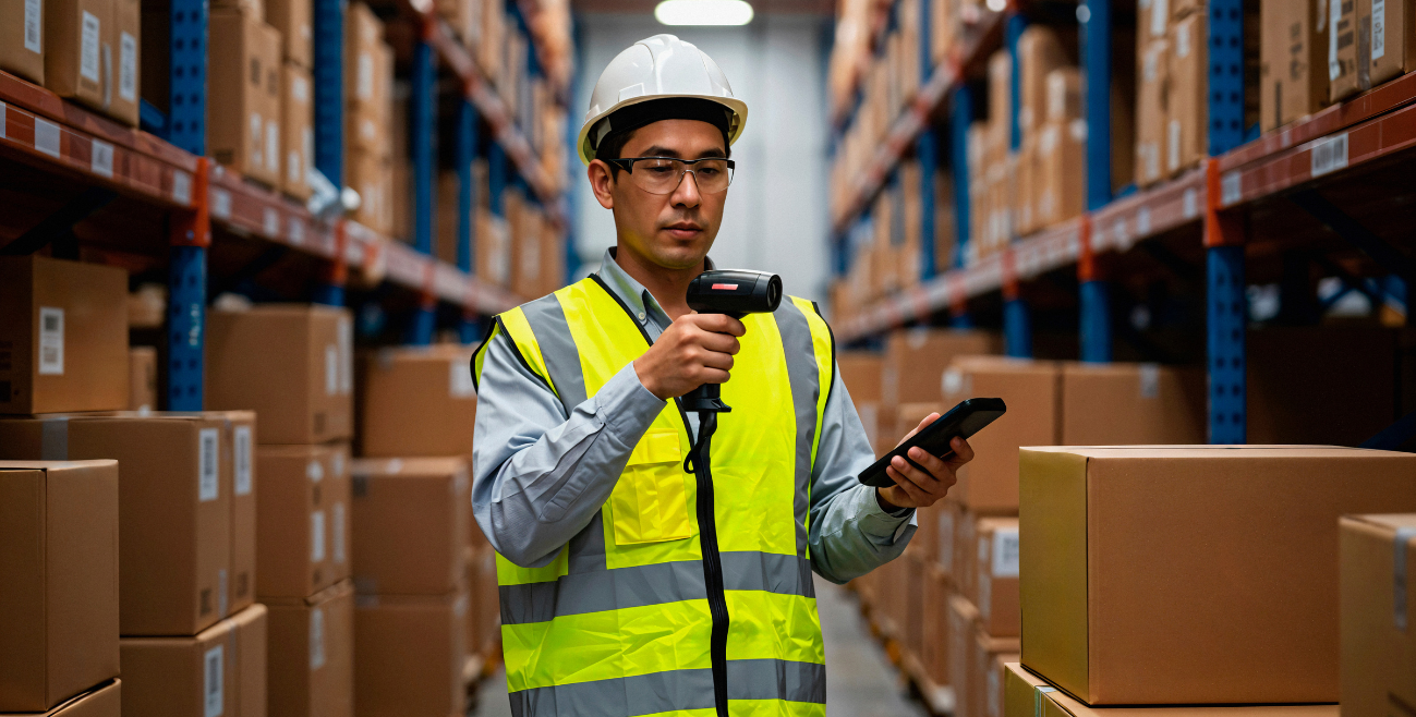 Funcionário de armazém escaneando o estoque em um depósito.