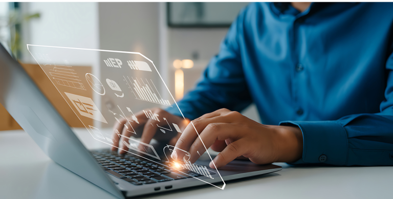 Profissional produtivo interagindo com dados e emm.