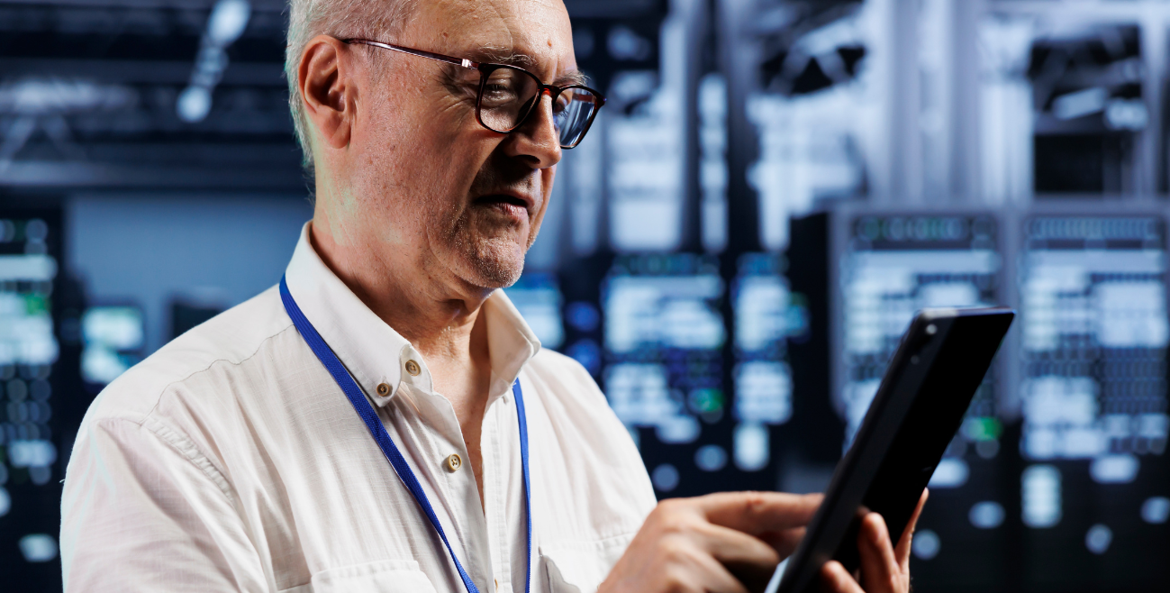 Profissional utilizando tablet em ambiente corporativo, representando como o MDM melhora a operação com mais controle e eficiência dos dispositivos.