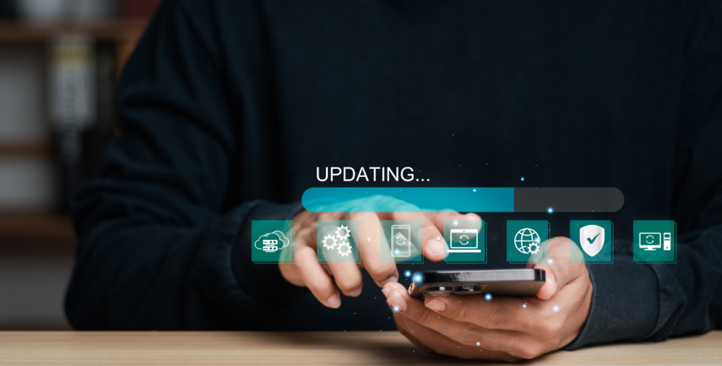 Manutenção programada de dispositivos com atualização em andamento no smartphone